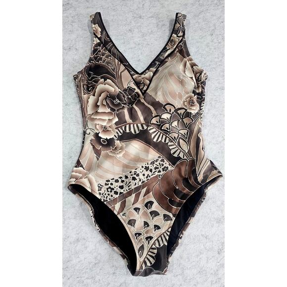 Gottex Other - Gottex Floral One Piece Swimsuit V-Neck Brown Beige US 10 Made Israel
